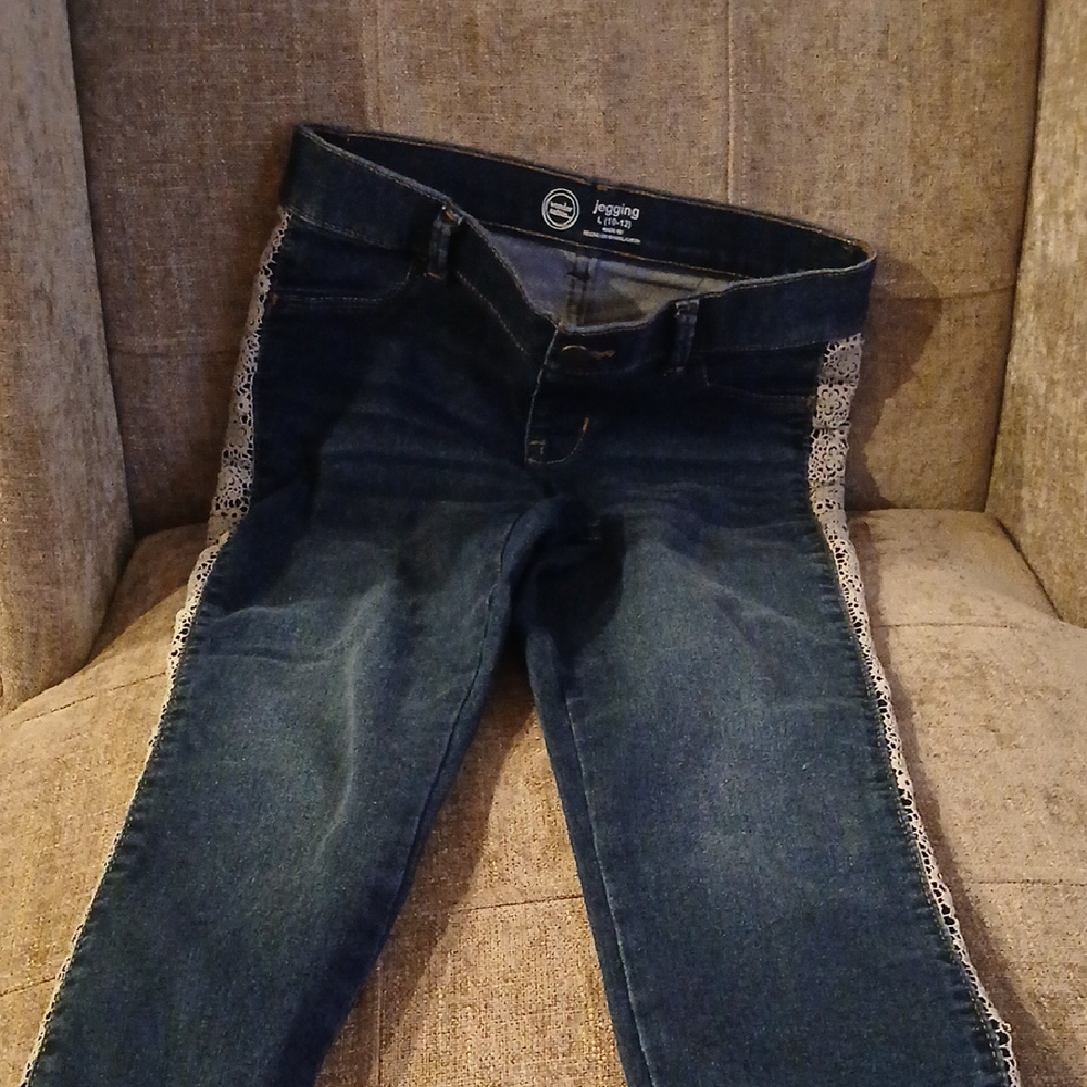 Blue Denim Jeans with Lace Trim